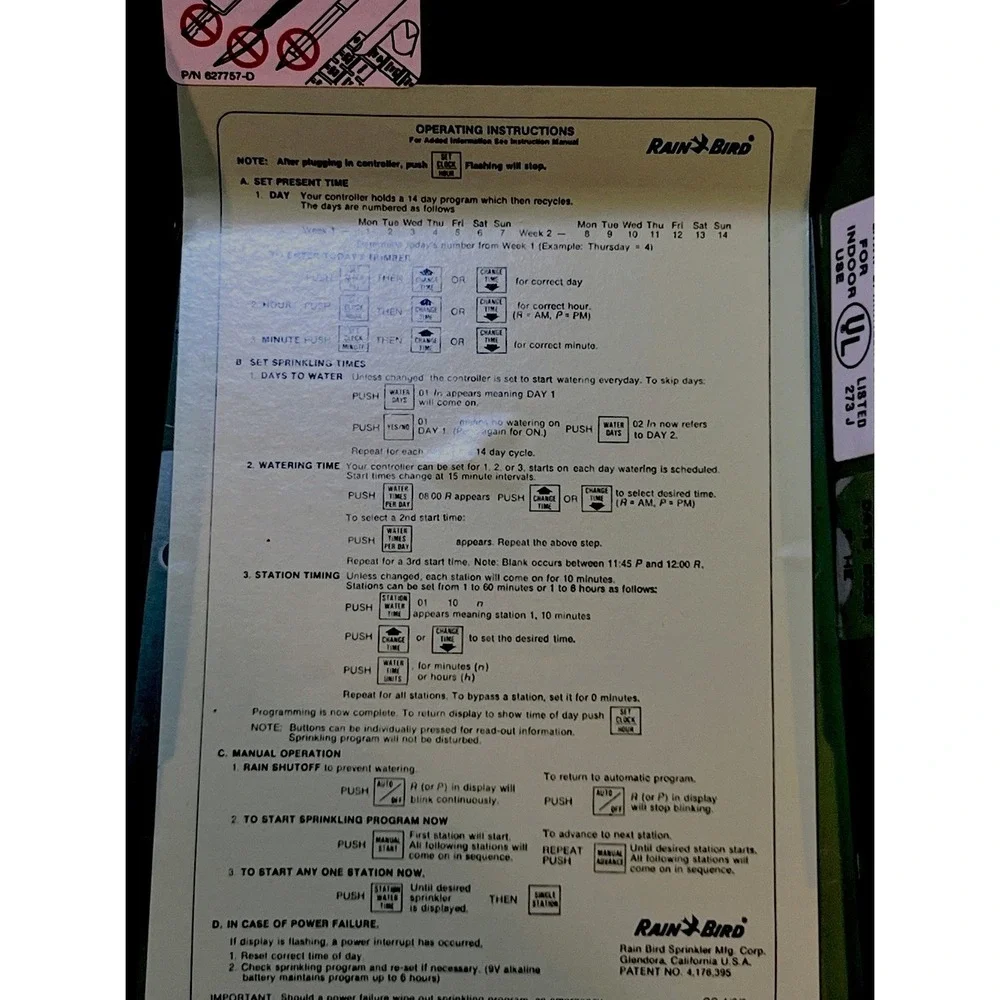 Vintage Rain Bird CRC-4 Computer Sprinkler Timer Green Box Manual Tested 4-Zones